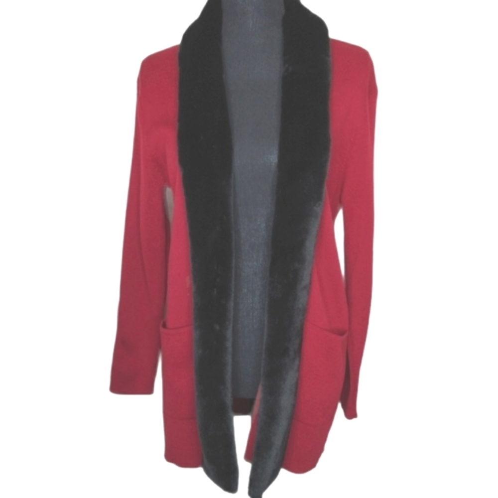 Dialogue Size XS Merino Wool Open Cardigan Removable Faux Fur